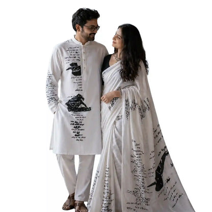 Tagore Scribble Couple Set — Handloom Khadi Saree & Panjabi | Rabindranath Manuscript Art | Wearable Bengali Heritage