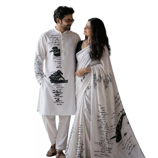 Tagore Scribble Couple Set — Handloom Khadi Saree & Panjabi | Rabindranath Manuscript Art | Wearable Bengali Heritage
