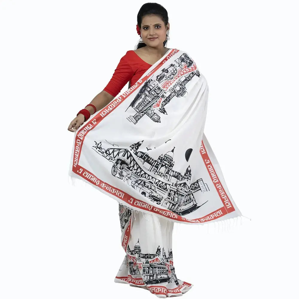 E Amar Kolkata Couple Set – White Bengali Print Saree & Oversized T-Shirt Combo