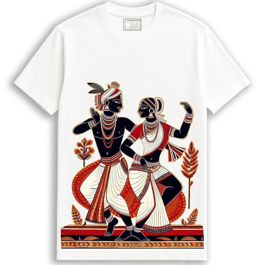 Folk Dance Patachitra Couple Set — Handloom Khadi Saree & T-Shirt | Wearable Bengali Heritage