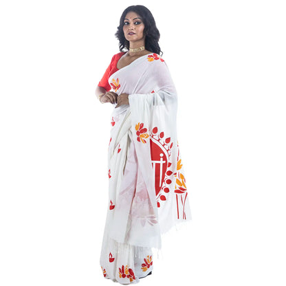 Front view of woman wearing Ailo Uma Barite Durga Puja saree with red blouse and gold choker