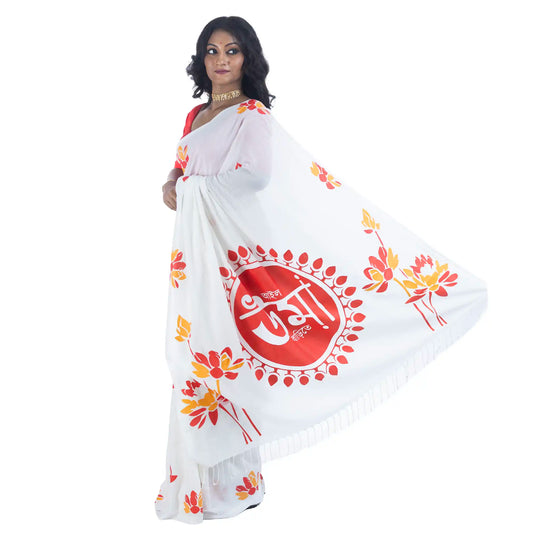 Front angled view of Ailo Uma Barite Durga Puja saree with lotus and diya motifs on white cotton