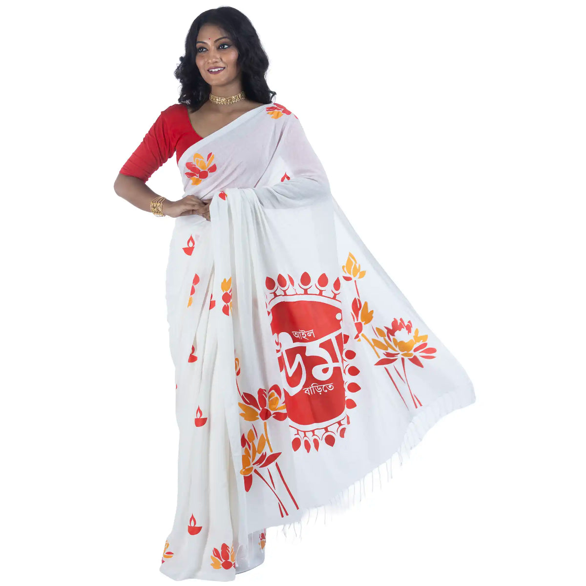 Woman in white cotton saree with red blouse, side view showing Ailo Uma Barite Bengali text medallion on pallu