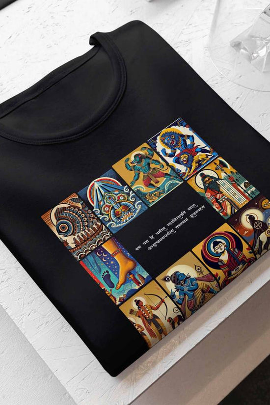Patachitra T-Shirt - Dashavatar featuring intricate Vishnu designs. Traditional Bengal art depicting the ten avatars of Vishnu on a soft, unisex black tee.