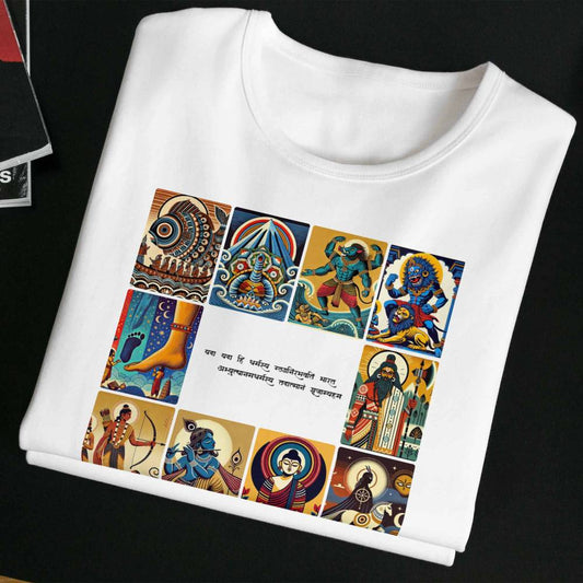 Patachitra T-Shirt - Dashavatar featuring intricate traditional Bengal art of Vishnu's ten avatars. Soft, durable, and unisex design in white fabric.