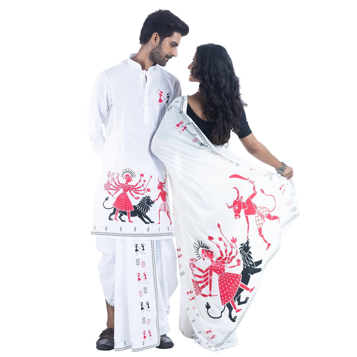 Warli Durga Panjabi-Dhuti & Saree Set – Mahishasuramardini Tribal Art Print