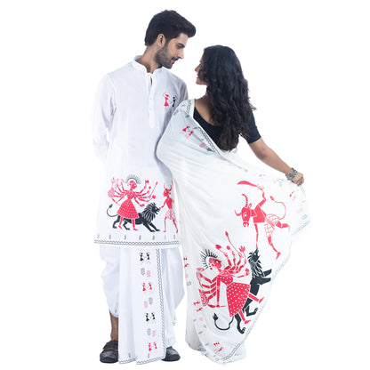 Warli Durga Panjabi-Dhuti & Saree Set – Mahishasuramardini Tribal Art Print
