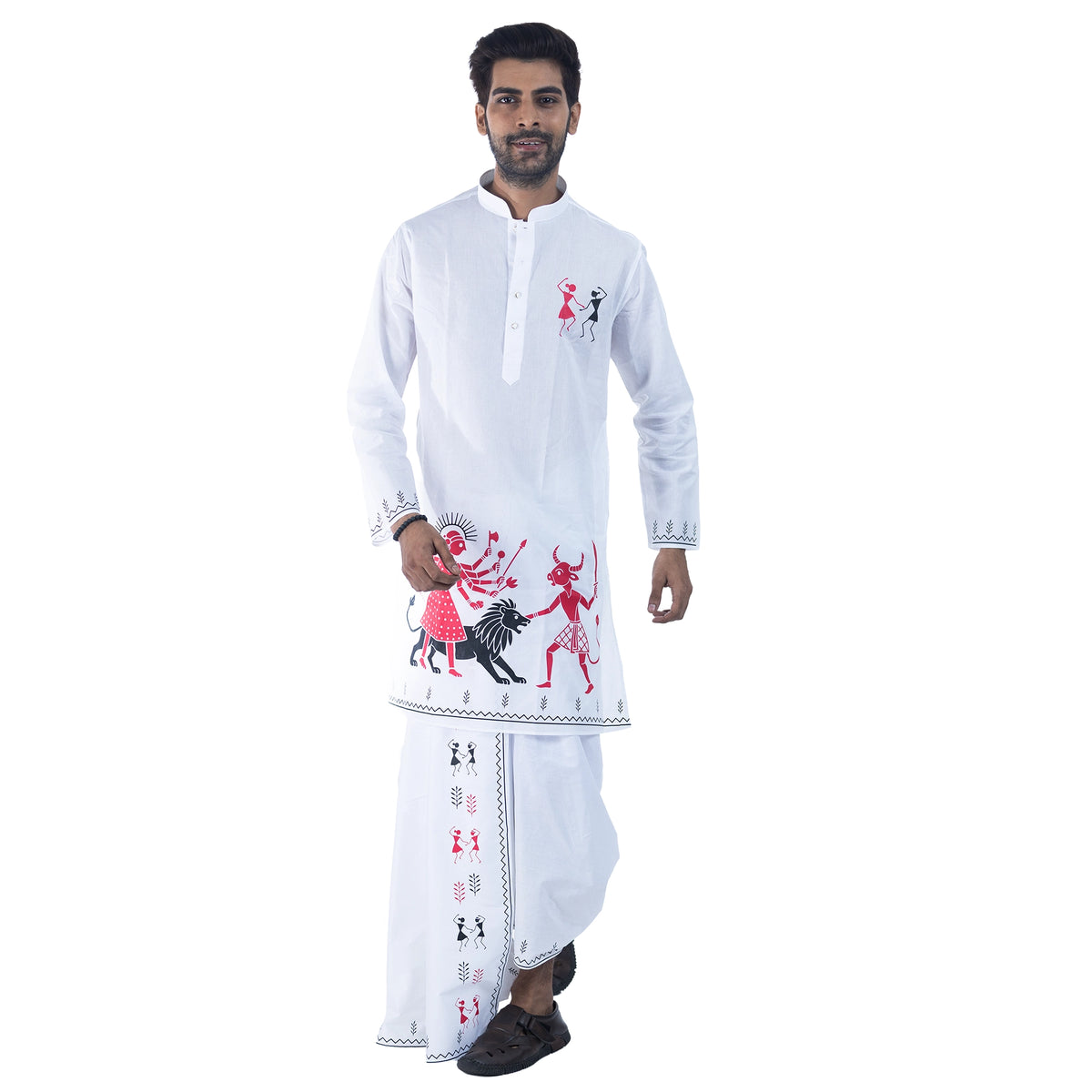 Man wearing white cotton panjabi with Warli-style Mahishasuramardini Durga print, front view