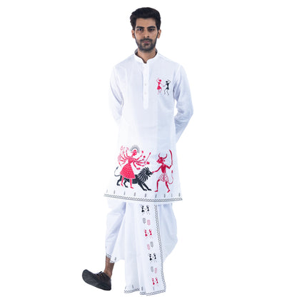 Warli Durga panjabi front view with dhuti, dark pink and black Mahishasuramardini print on white cotton