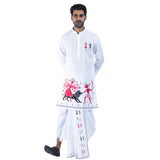 Warli Durga panjabi front view with dhuti, dark pink and black Mahishasuramardini print on white cotton