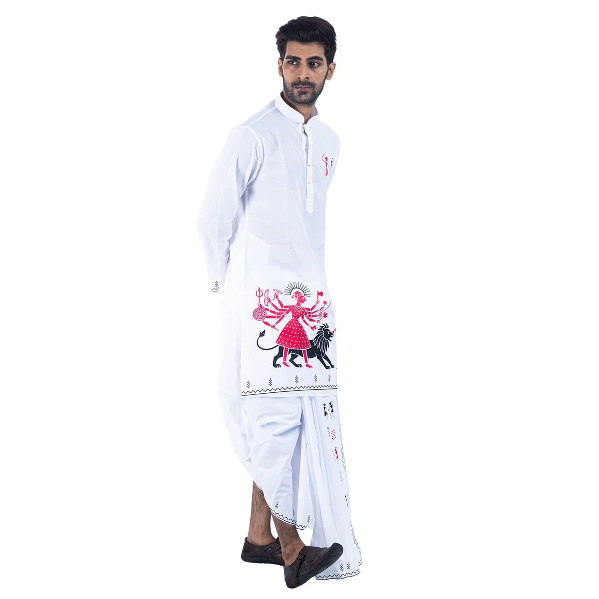 Side view of Warli art panjabi with dancing tribal figures and zigzag border on sleeve and hem
