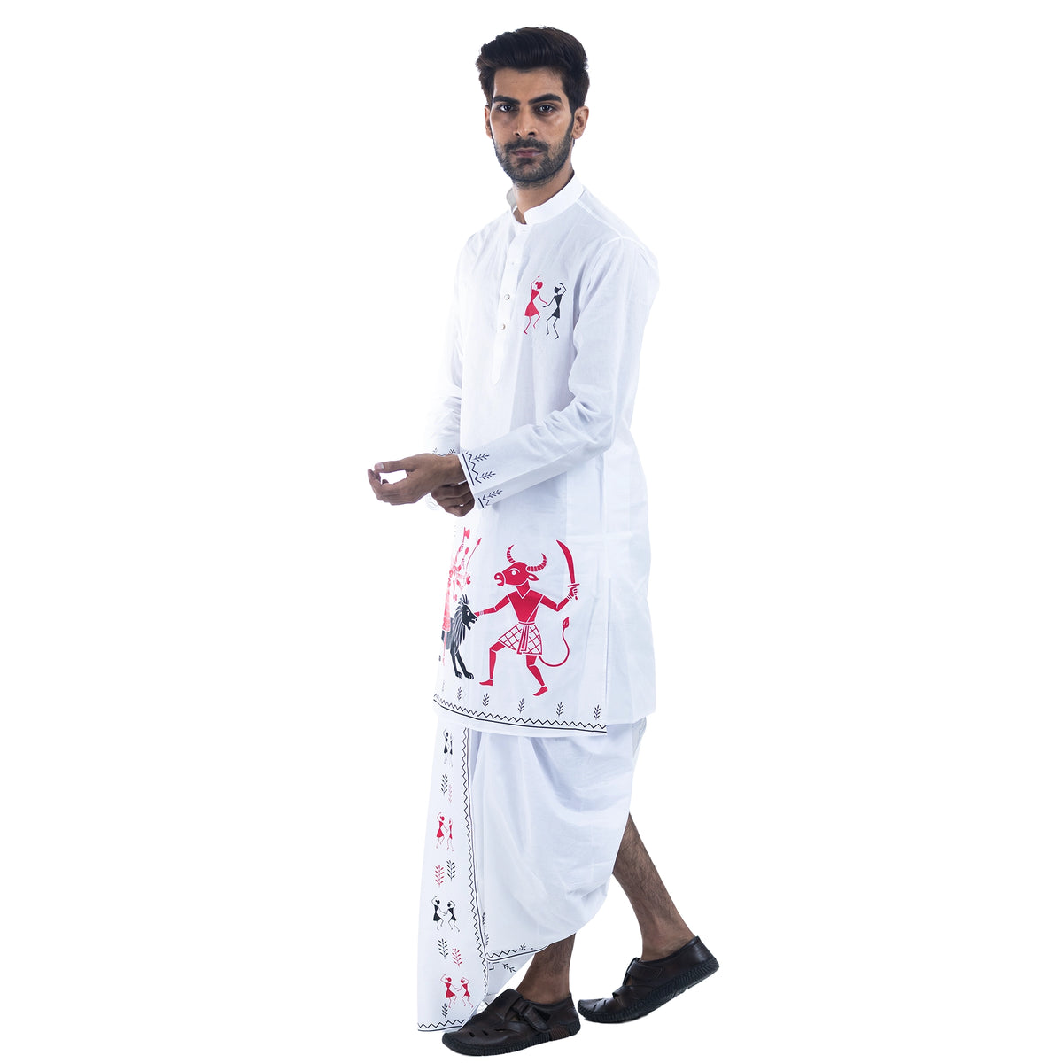 Man walking in Warli Durga panjabi and dhuti set, dark pink and black tribal folk art print