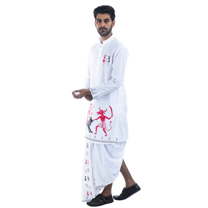 Man walking in Warli Durga panjabi and dhuti set, dark pink and black tribal folk art print