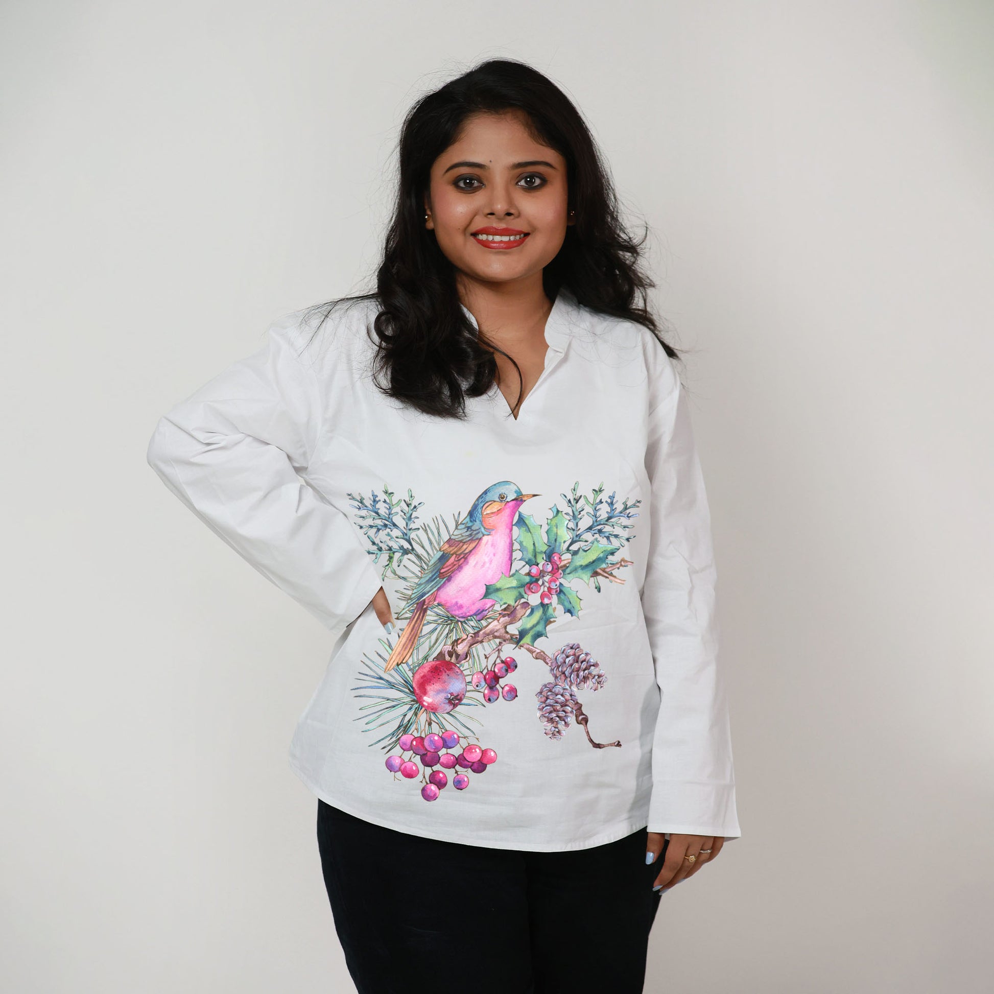 Winter Berry Melody – Artistic Bird Motif Kurti for Women