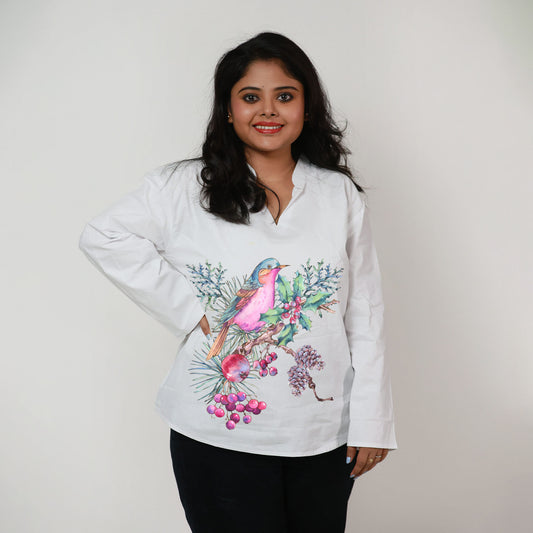 Winter Berry Melody – Artistic Bird Motif Kurti for Women
